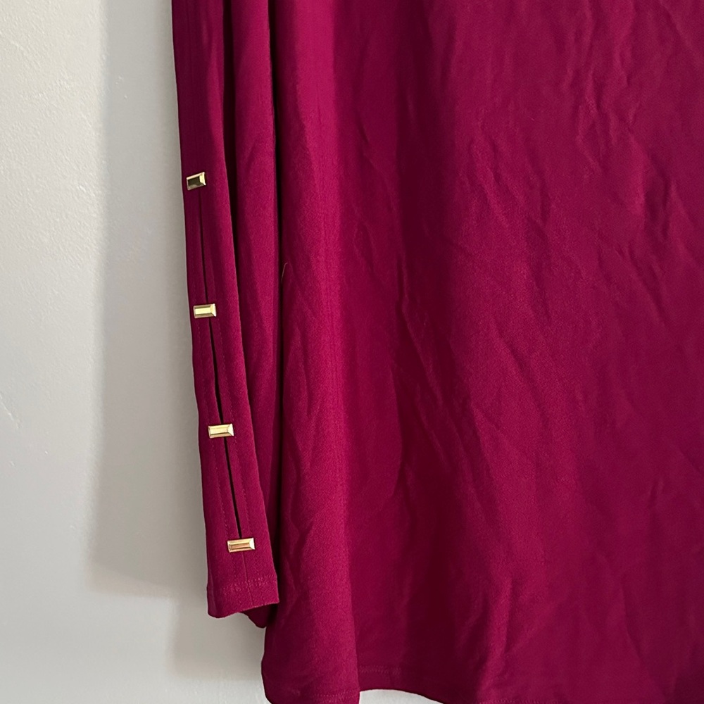 Susan Graver Deep Magenta Keyhole Long Sleeve Top with Metallic Sleeve Tabs - Picture 3 of 5